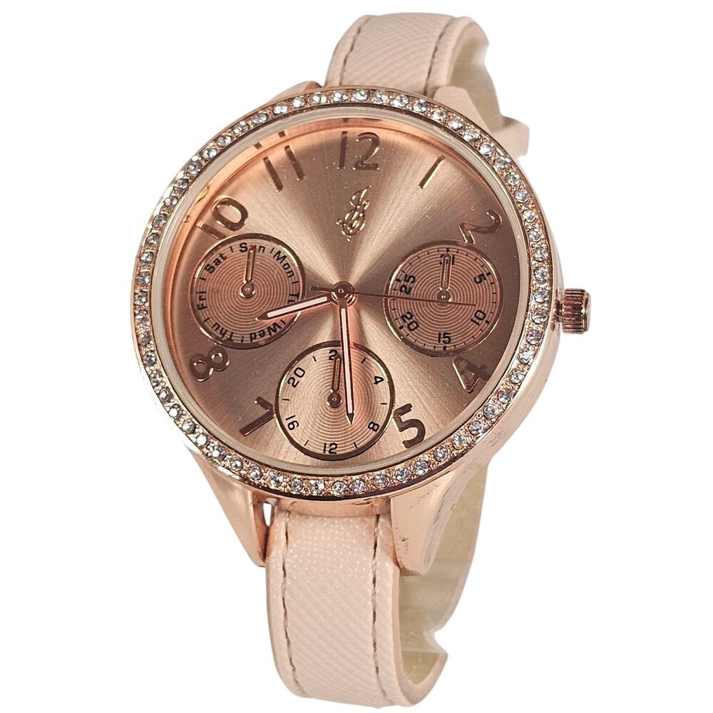 Women's JS Quartz Watch Rose Gold Dial Crystal Bezel Faux Leather Band 38mm